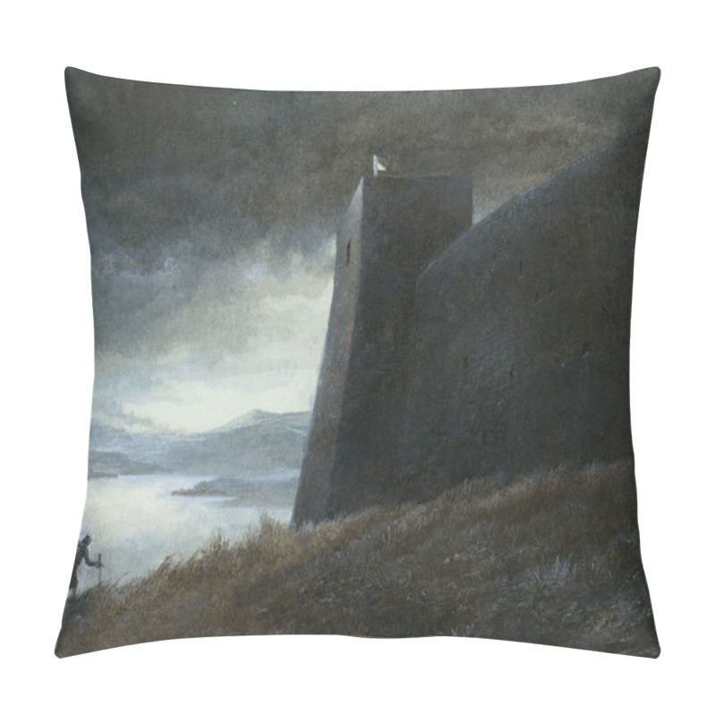 Personality  Moody Landscape With A Fantasy, Medieval-like Scene, Acrylic On Paper. Pillow Covers