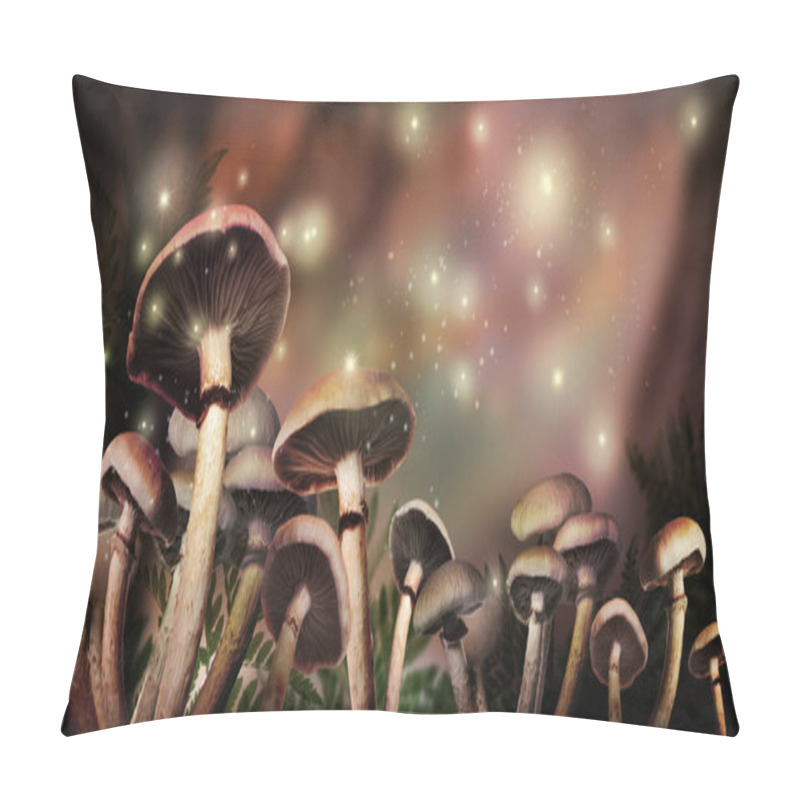 Personality  Fantasy World. Mushrooms With Magic Lights In Enchanted Forest, Banner Design  Pillow Covers