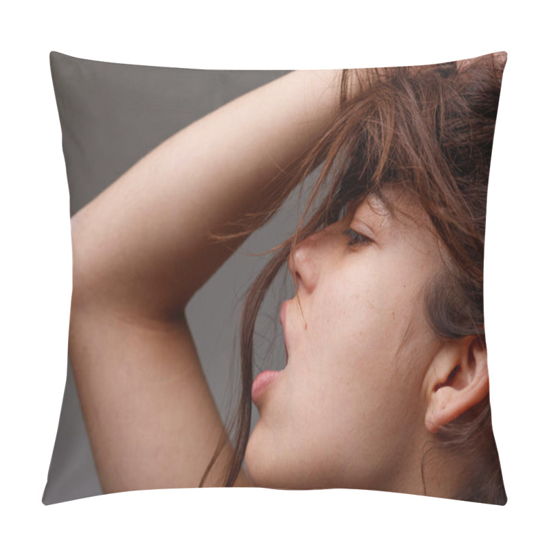 Personality  Sensual Cropped Portrait Of A Provocative Young Woman Posing With Mouth Open And Hand Raised To Her Tousled Long Brown Hair Viewed In Profile Pillow Covers