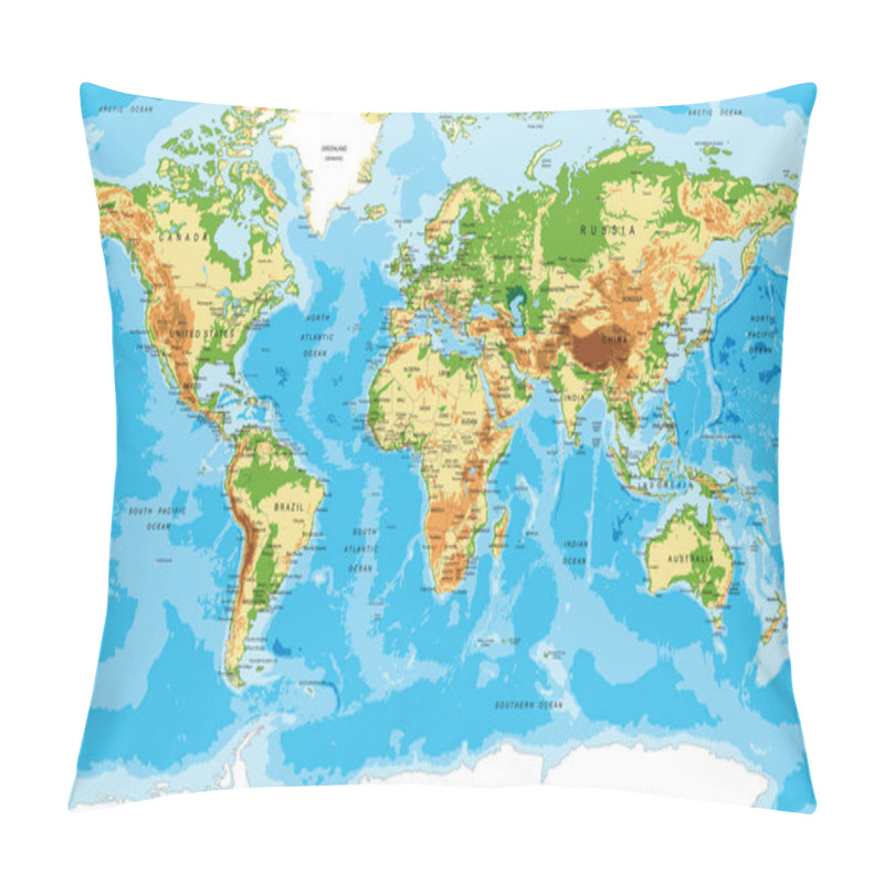 Personality  Highly Detailed Physical Map Of The World,in Vector Format,with All The Relief Forms,countries And Big Cities. Pillow Covers