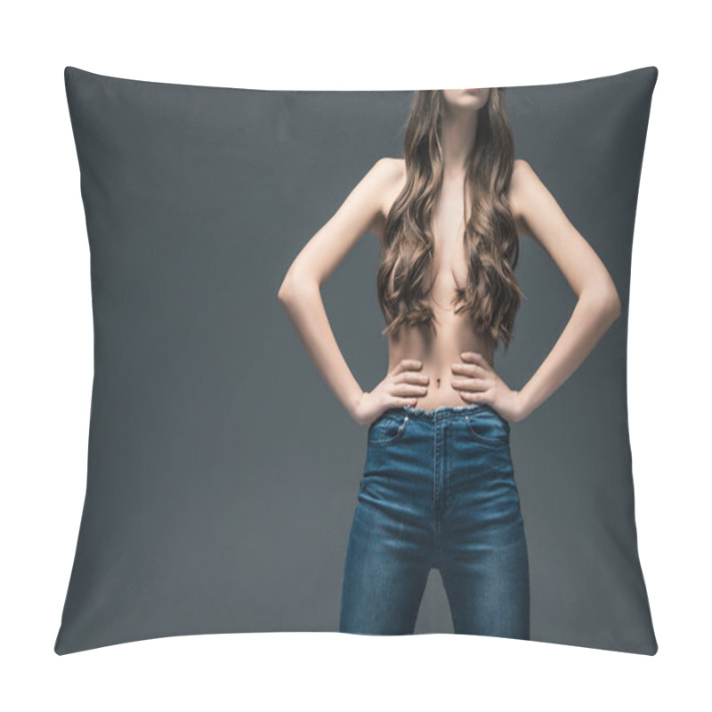 Personality  Cropped View Of Half Naked Girl With Long Hair Standing In Akimbo Position, Isolated On Grey Pillow Covers