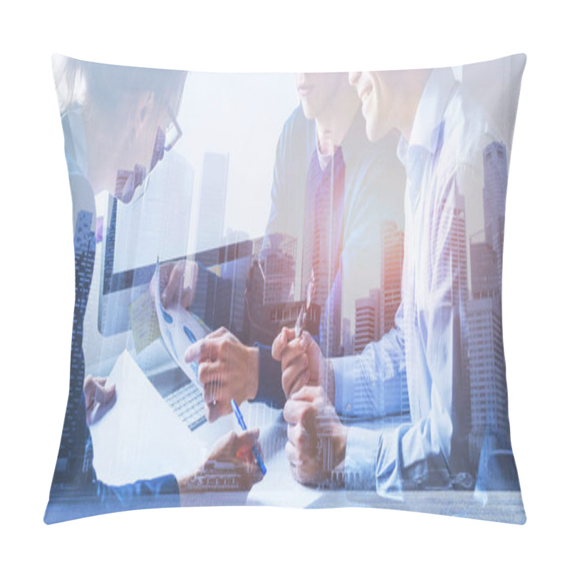 Personality  Business People Working On Marketing Plan  Together In Modern Office, Teamwork, Double Exposure Banner Pillow Covers