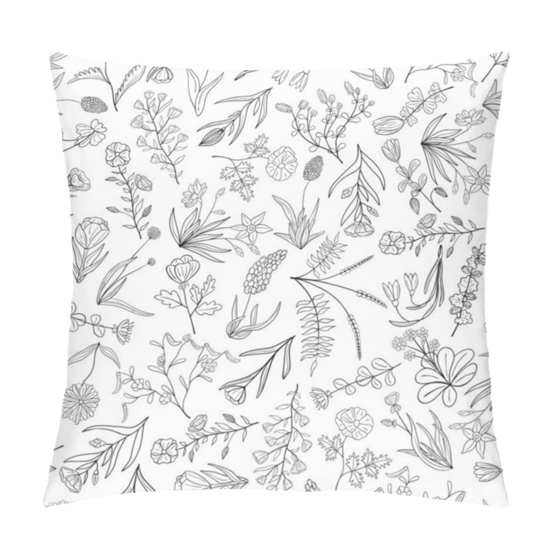 Personality  Hand Drawn Seamless Pattern Of Blooming Flowers And Leaves. Floral Summer Collection. Decorative Doodle Illustration For Greeting Card, Wallpaper, Wrapping Paper, Fabric, Packaging Pillow Covers