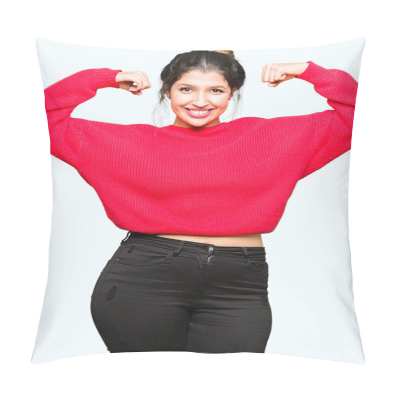 Personality  Young Beautiful Woman Wearing Red Sweater And Bun Showing Arms Muscles Smiling Proud. Fitness Concept. Pillow Covers