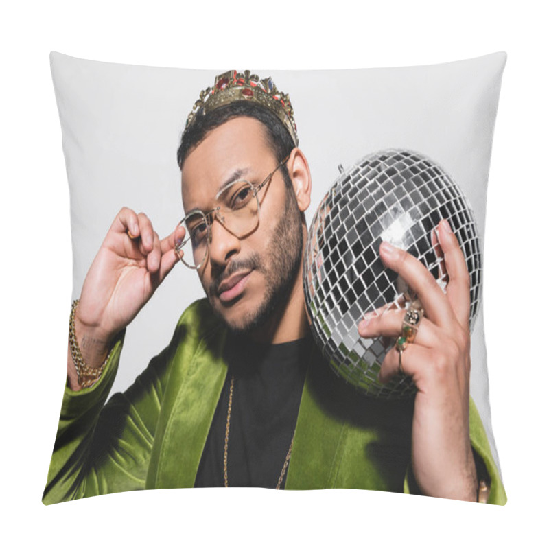 Personality  Eastern Hip Hop Performer In Green Velvet Blazer And Crown Holding Disco Ball While Adjusting Eyeglasses Isolated On Grey Pillow Covers