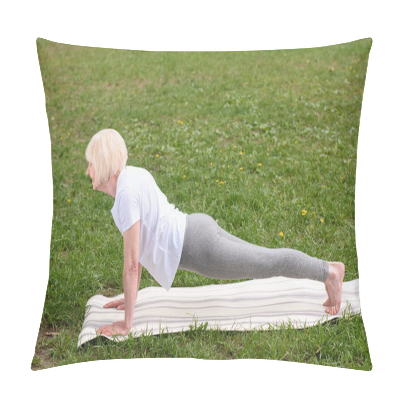 Personality  Elderly Woman Doing Plank On Yoga Mat On Lawn Pillow Covers