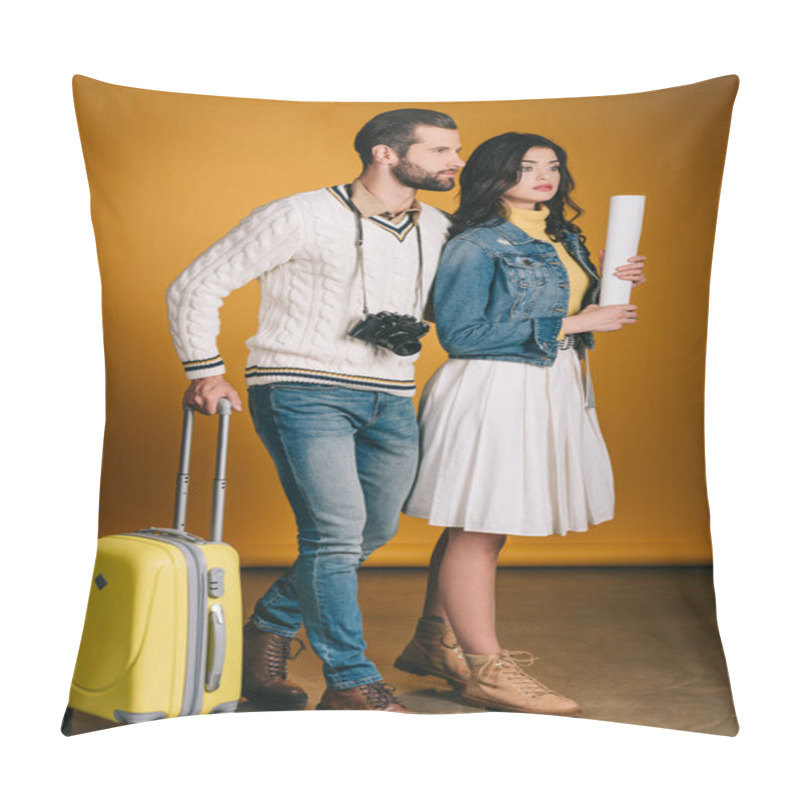 Personality  Travelers With Bag On Wheels Looking Away On Yellow Pillow Covers