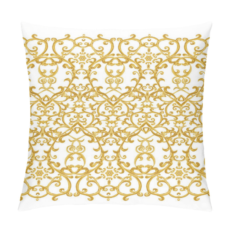 Personality  Seamless Pattern. Golden Textured Curls. Oriental Style Arabesques. Brilliant Lace, Stylized Flowers. Openwork Weaving Delicate, Golden Background. Pillow Covers