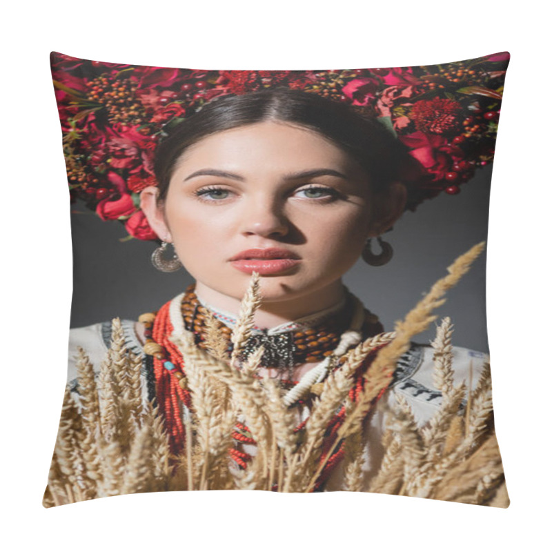 Personality  Portrait Of Brunette And Young Ukrainan Woman In Floral Wreath With Red Berries Near Wheat Spikelets On Dark Grey Pillow Covers