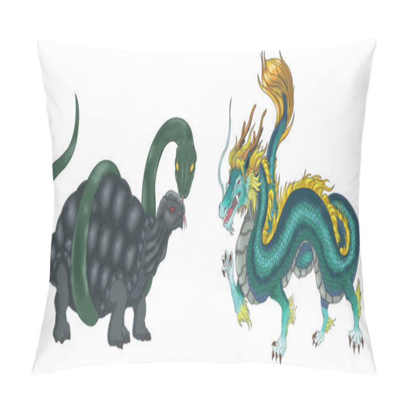 Personality  4 Chinese Mythical Monster Creature Gods (Shijin) In Old Fairy Tale And Religion Set 2 - Turtle And Dragon Pillow Covers