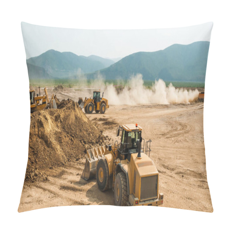 Personality  Earthworks In An Open Area On A Summer Sunny Day. Cargo Dump Trucks, Excavators, Wheel Loaders And Bulldozers Operate At The Same Time. Pillow Covers