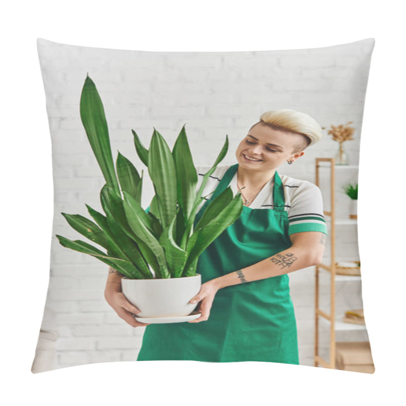 Personality  Happiness, Cheerful Tattooed Woman With Trendy Hairstyle Holding Flowerpot With Exotic Foliage Plant In Modern Living Room, Eco-conscious Lifestyle, Sustainable Home Decor And Green Living Concept Pillow Covers