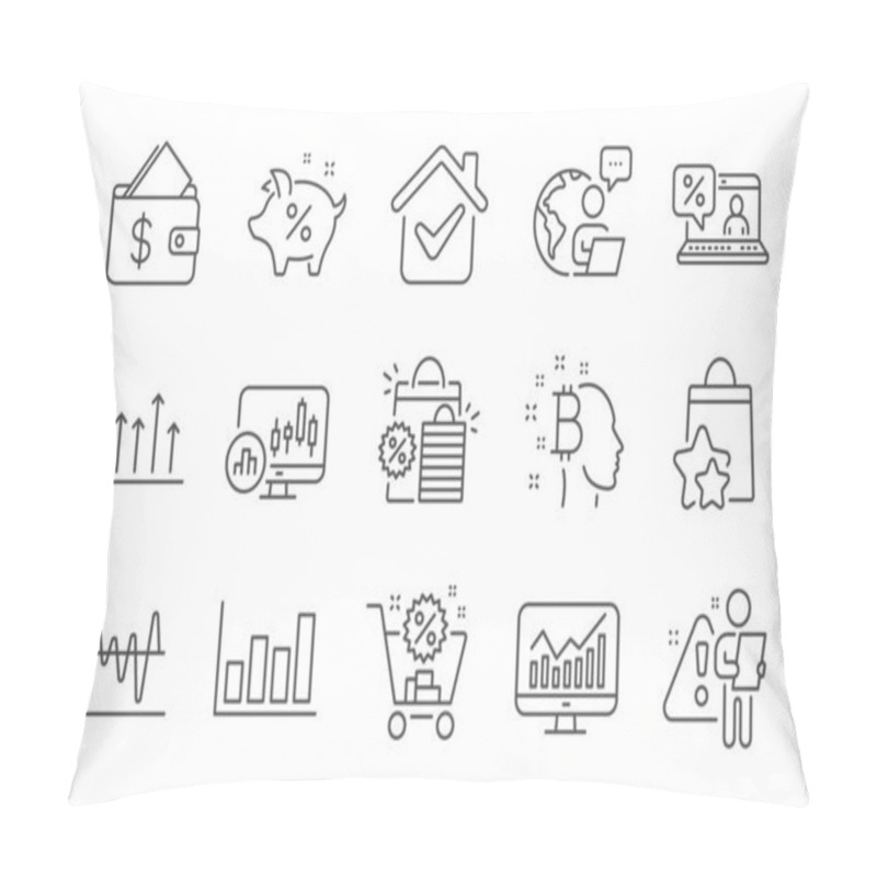 Personality  Bitcoin Think, Wallet And Stock Analysis Line Icons Set. Loyalty Points, Growth Chart And Shopping Bags Signs. Statistics, Loan Percent And Report Diagram Symbols. Line Icons Set. Vector Pillow Covers