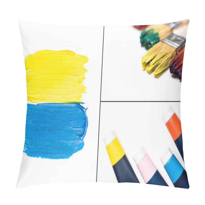 Personality  Collage Of Acrylic Paints, Brushstrokes And Dirty Paintbrushes On White Background Pillow Covers