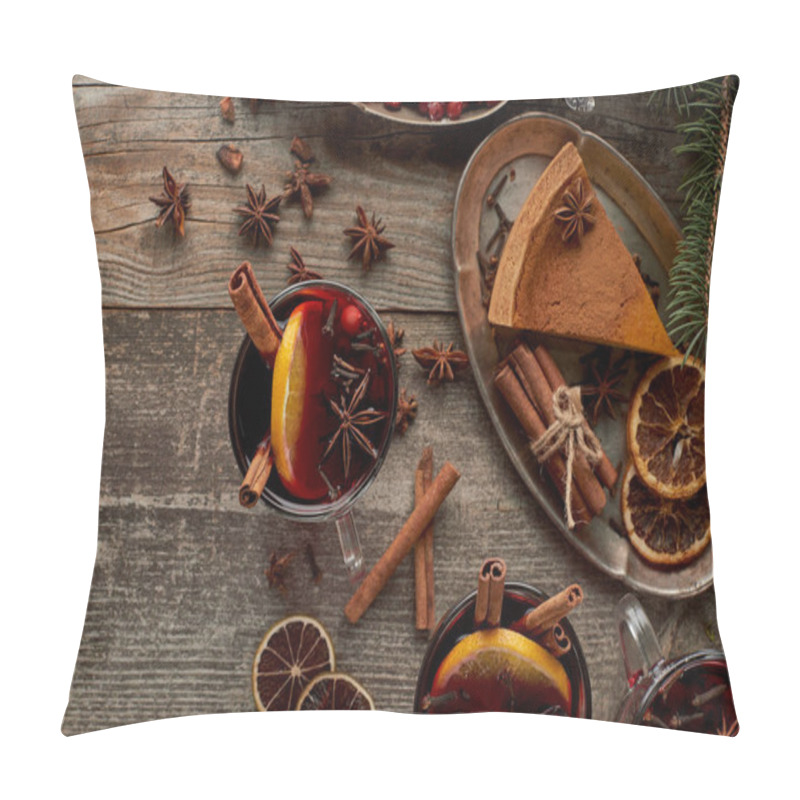 Personality  Top View Of Red Spiced Mulled Wine Near Fir Branch, Pie, Berries, Anise, Orange Slices And Cinnamon On Wooden Rustic Table Pillow Covers