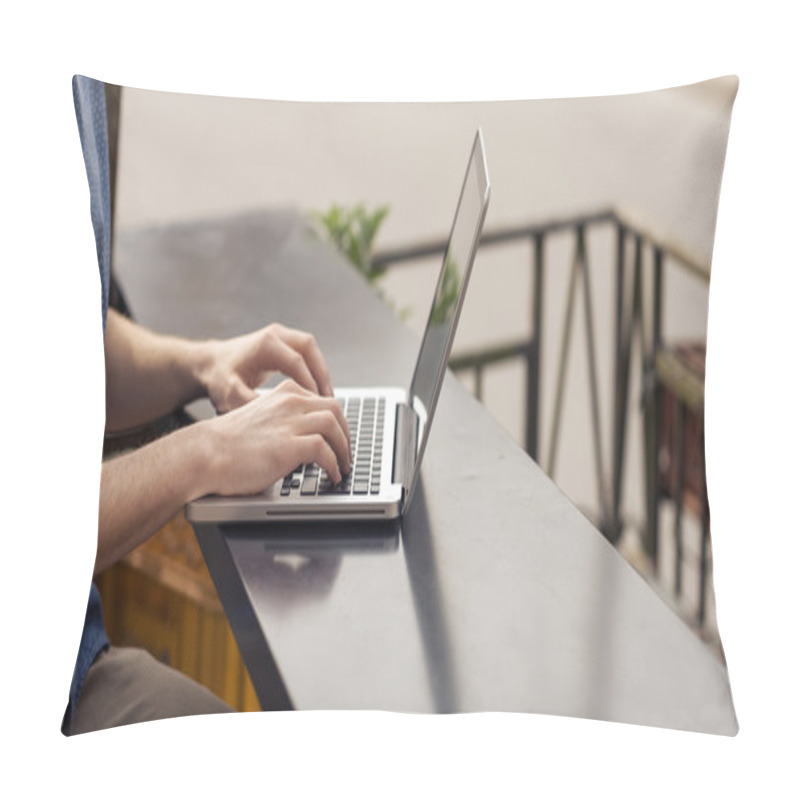 Personality  Man Using A Laptop On An Outdoor Table Pillow Covers