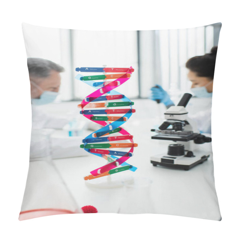 Personality  Selective Focus Of Dna Structure Near Microscope And Geneticists In Medical Masks On Blurred Background Pillow Covers