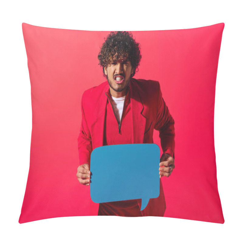 Personality  A Vibrant Young Man In A Red Suit Holds A Blue Speech Bubble Against A Vivid Backdrop. Pillow Covers