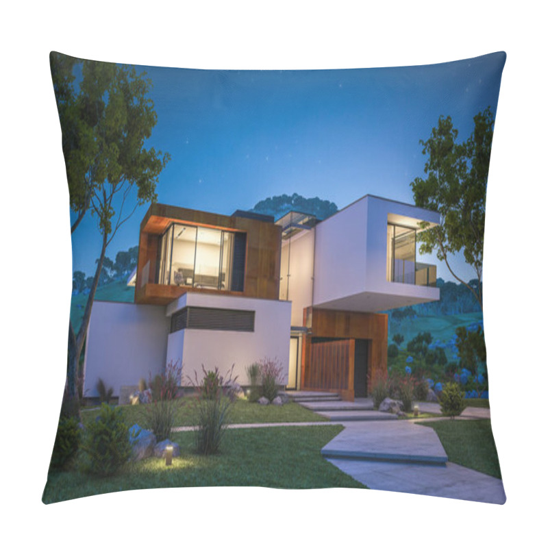 Personality  3d Rendering Of Modern House By The River At Night Pillow Covers