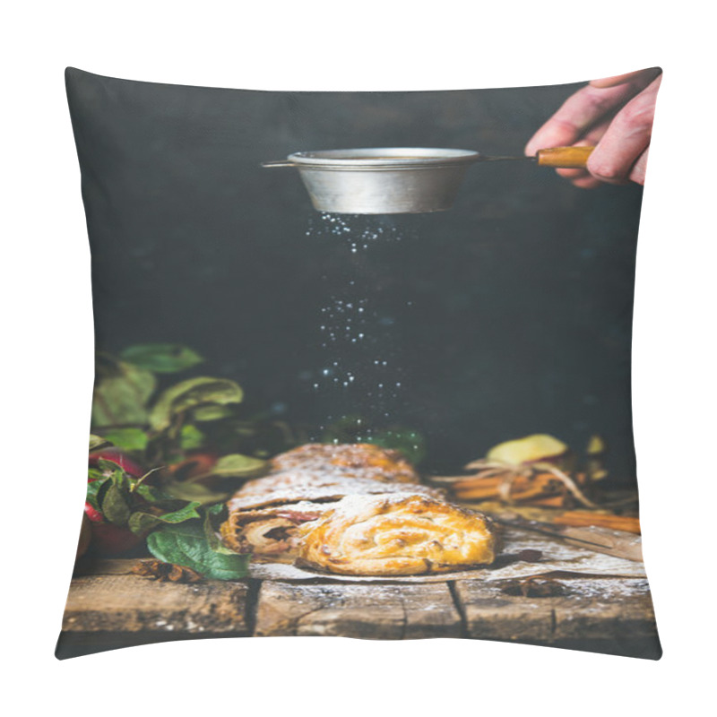 Personality  Man's Hands Sprinkling Sugar Powder On Apple Strudel Cake Pillow Covers