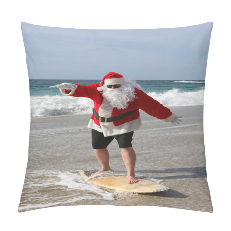 Personality  Surfing Santa. Santa Claus Is Riding A Surf Board. Santa Claus In Sunglasses Surfing In The Ocean. Santa Claus Surfs On His Surf Board While On A Beautiful Beach With A Blue Ocean. Christmas Vacation. Pillow Covers