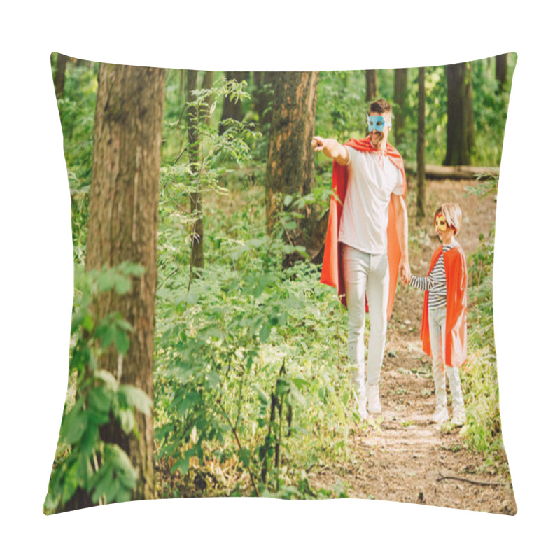 Personality  Full Length View Of Father And Son Standing In Superhero Costumes In Forest While Dad Pointing With Finger Pillow Covers