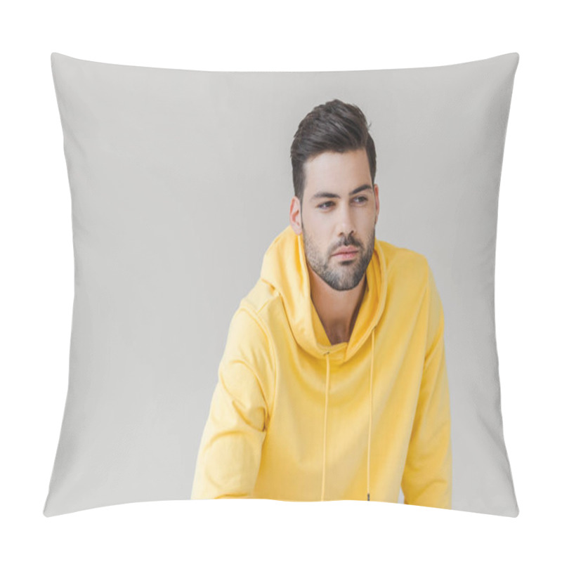 Personality  Handsome Young Man In Yellow Hoodie Looking Away Isolated On White Pillow Covers