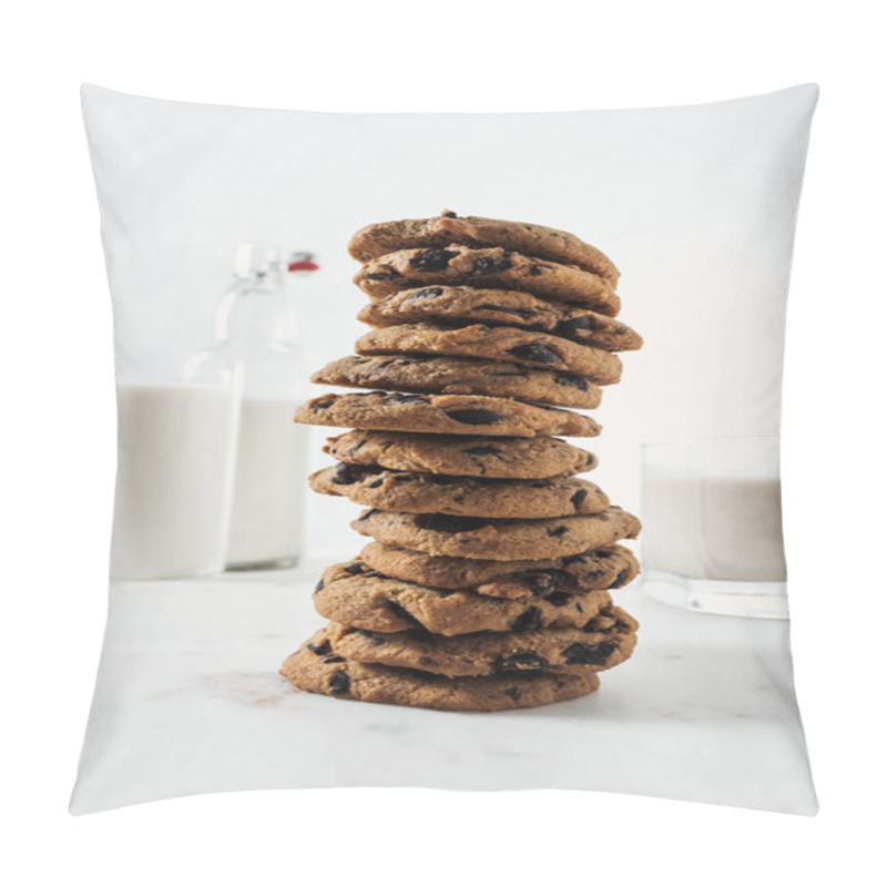 Personality  Selective Focus Of Chocolate Cookies Near Bottle And Glasses With Milk On Marble Table Pillow Covers