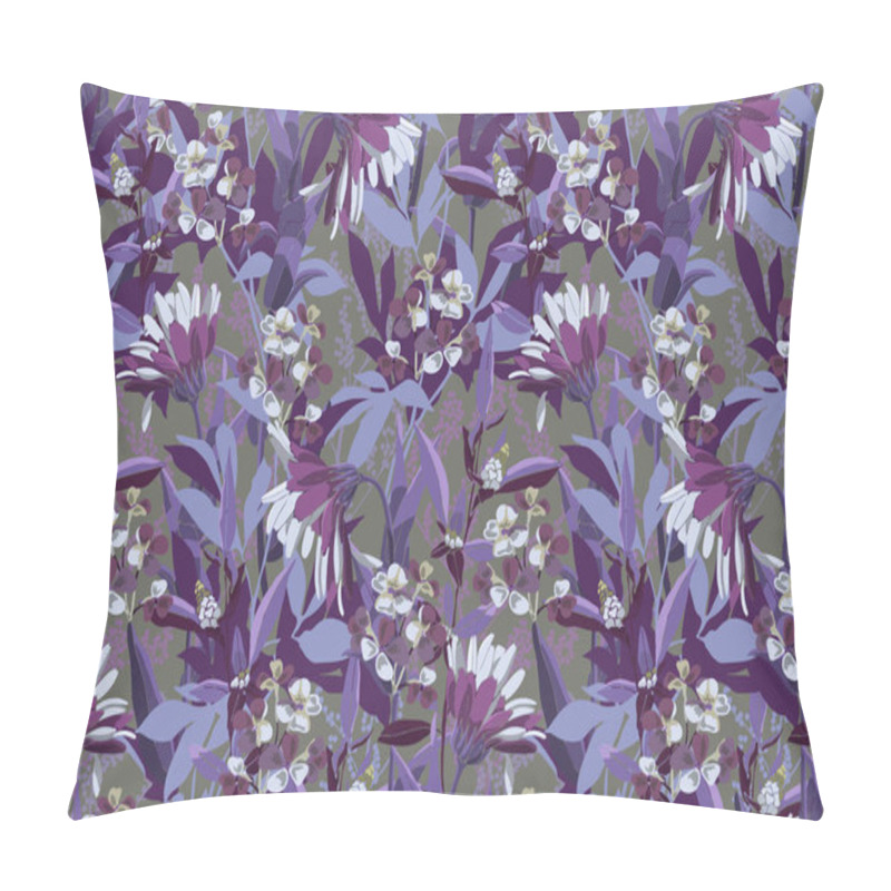 Personality  Vector Floral Seamless Pattern. White-purple Flowers, Leaves And Stems On A Gray Background.  Pillow Covers