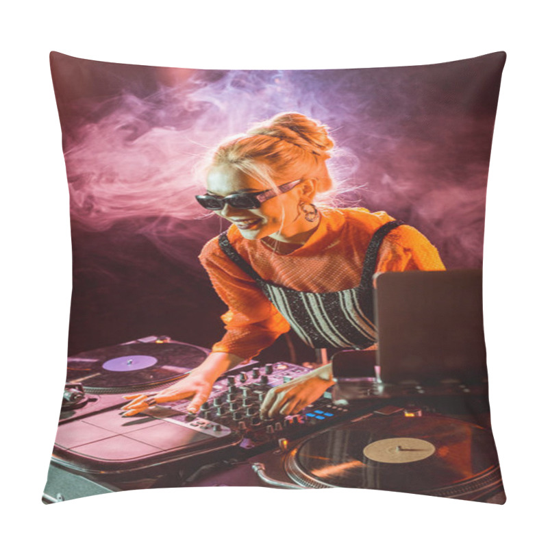 Personality  Cheerful Dj Girl In Sunglasses Touching Dj Equipment In Nightclub With Smoke  Pillow Covers