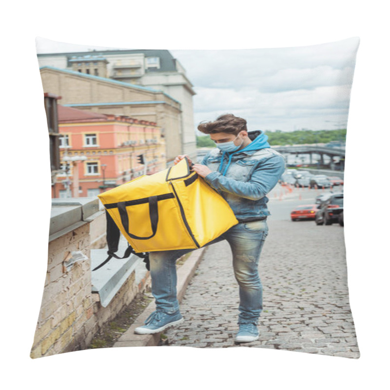 Personality  Courier In Medical Mask Fastening Thermo Bag On Urban Street With Buildings And Road At Background  Pillow Covers