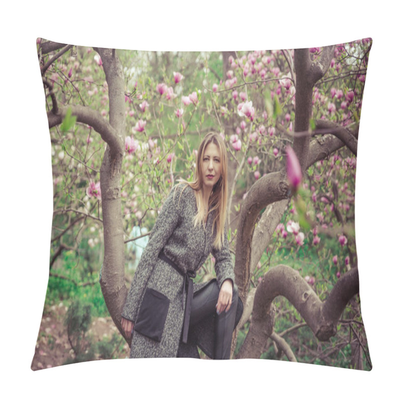 Personality  Young Beautiful Caucasian Woman In Blooming Spring Garden Of Magnolias . The Girl In The Garden On A Cloudy Day . Pillow Covers