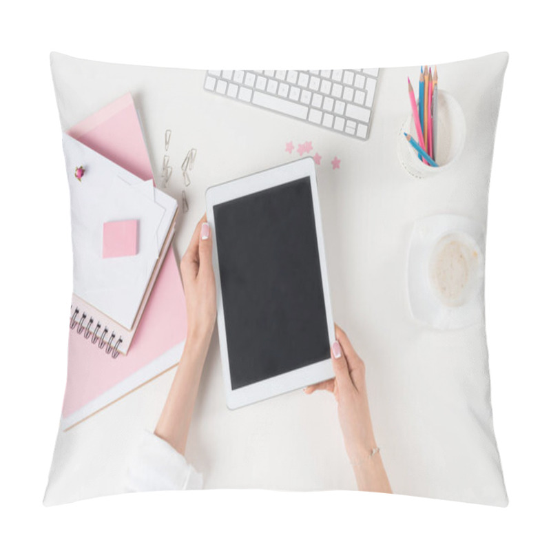 Personality  Woman With Digital Tablet At Workplace Pillow Covers