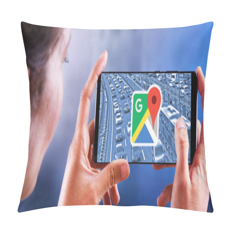 Personality  Woman Holding Smartphone Displaying Logo Of Google Maps Pillow Covers