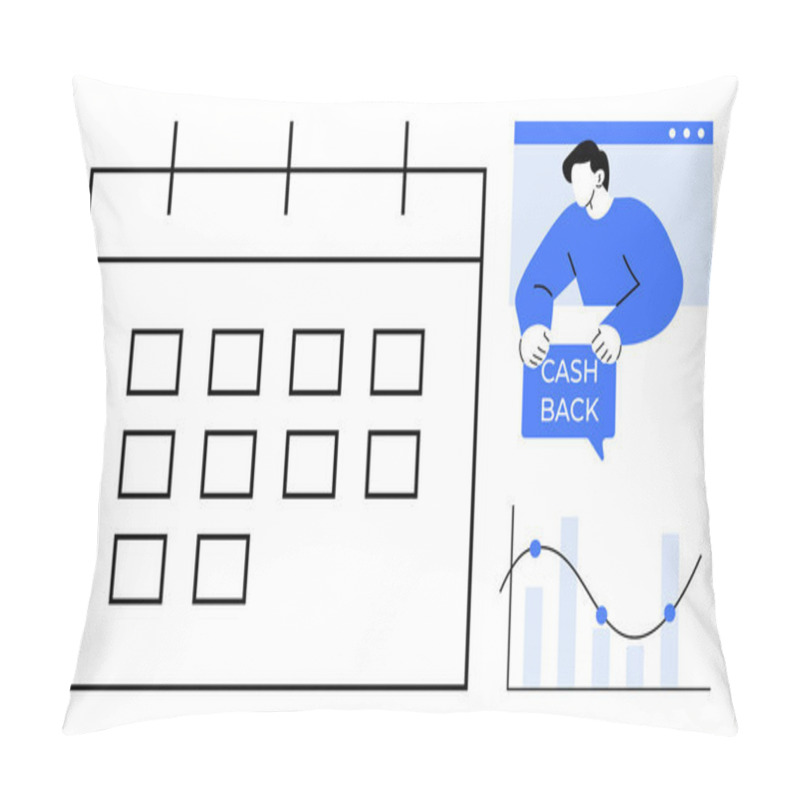 Personality  Calendar With Grid, Person Holding Cash Back Sign, And Declining Graph With Blue Nodes. Ideal For Cashback Promotions, Financial Planning, Scheduling, Business Analysis, Time Management Pillow Covers