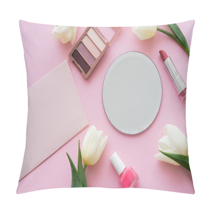 Personality  Top View Of White Tulips Near Mirror, Envelope And Decorative Cosmetics On Pink Pillow Covers