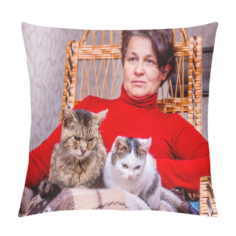 Personality  A Woman Sits In A Rocking Chair And Holds Two Cats In Her Arms Pillow Covers