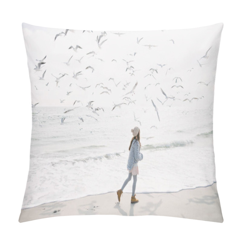 Personality  Stylish Girl Running On Winter Seashore With Seagulls Pillow Covers