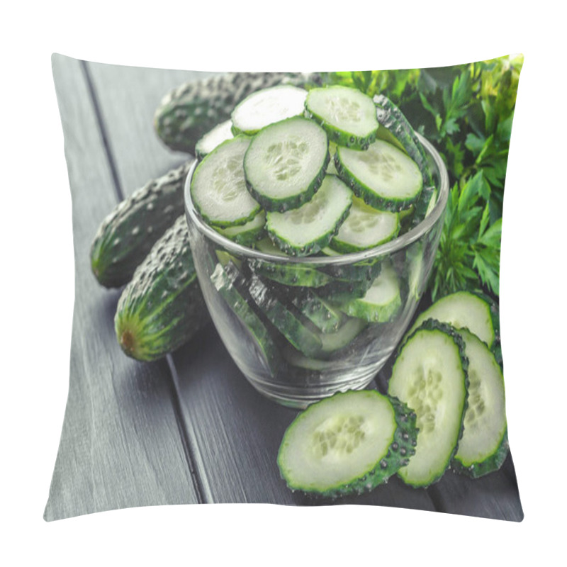 Personality  Cucumber On  Dark Wood Texture Background.Cucumbers Harvest In Summer. Cucumbers For Salads Or Canning. Summer Vegetables.Slices Of Fresh Cucumbers In A Bowl. Pillow Covers