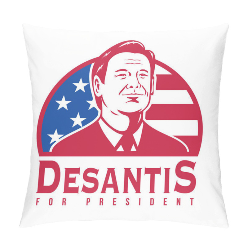 Personality  Apr 11, 2023 AUCKLAND, NEW ZEALAND: Illustration Of Republican Governor Ronald Dion DeSantis Who Is Predicted To Run For President In 2024 With American Flag Done In Retro Style On White Background. Pillow Covers