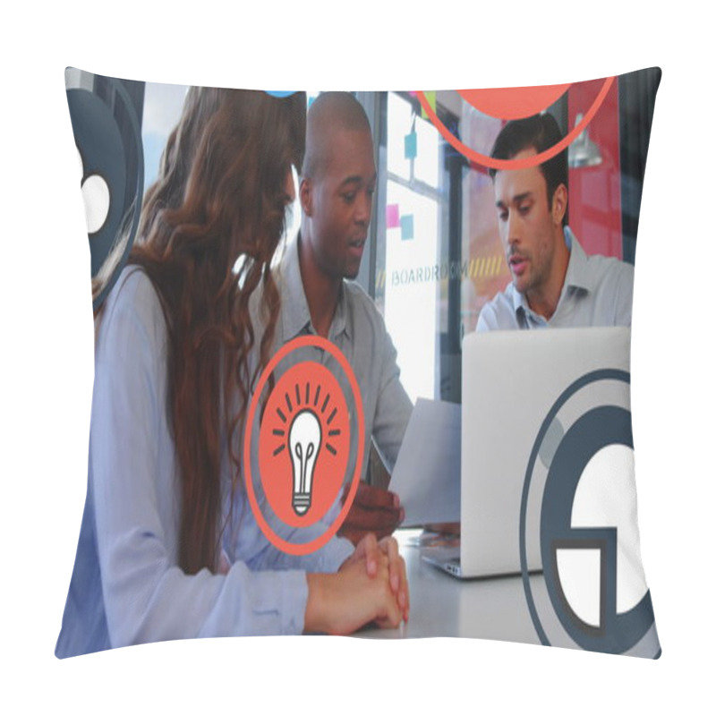 Personality  Image Of Multiple Icons Over Diverse Coworkers Discussing Reports On Laptop In Office. Digital Composite, Multiple Exposure, Business, Ideas, Globalization, Teamwork And Technology Concept. Pillow Covers