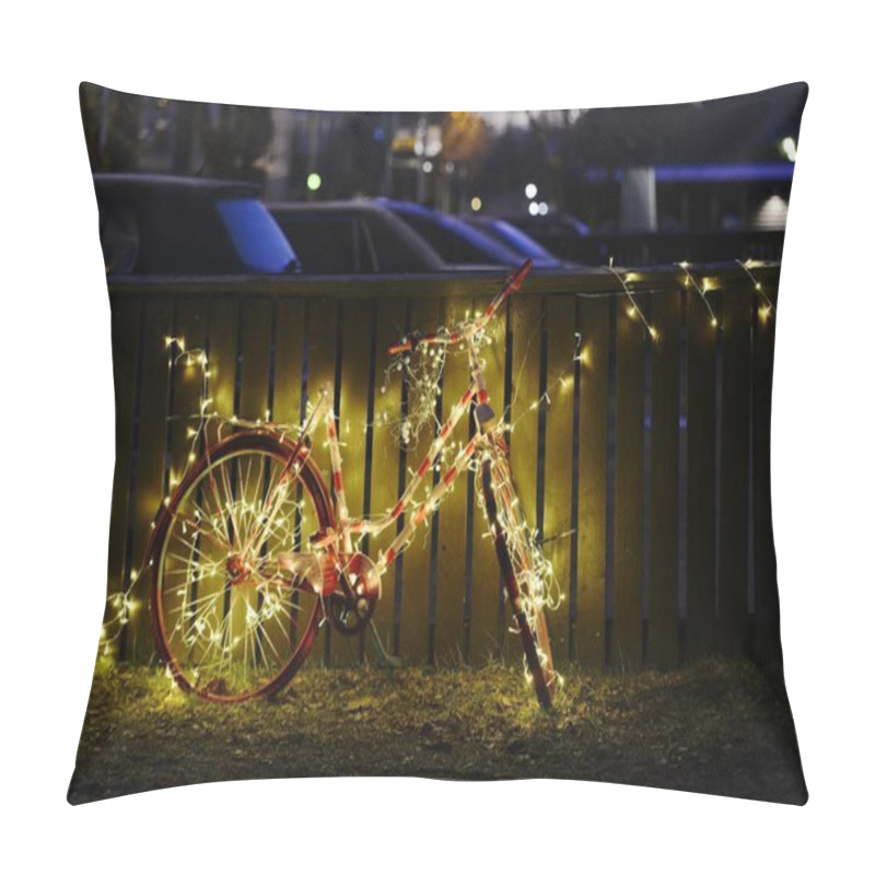 Personality  LED Decorated Pink Bike For Christmas Near The Parking Lot Pillow Covers