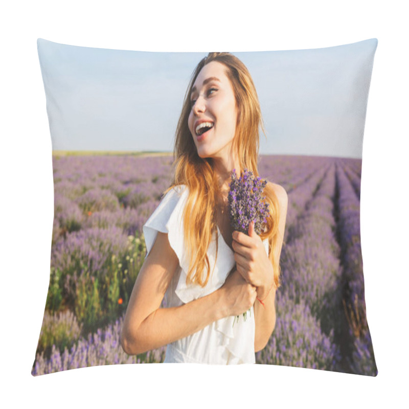 Personality  Photo Of Smiling Joyful Woman In Dress Holding Bouquet With Flowers While Walking Outdoor Through Lavender Field In Summer Pillow Covers