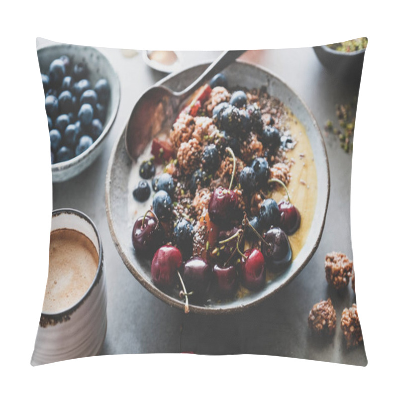 Personality  Healthy Vegan Breakfast Set. Quinoa Oat Granola Coconut Yogurt Bowl With Fruit, Seeds, Nuts, Berries And Coffee Over Grey Concrete Background, Selective Focus. Vegetarian, Dieting Food Concept Pillow Covers