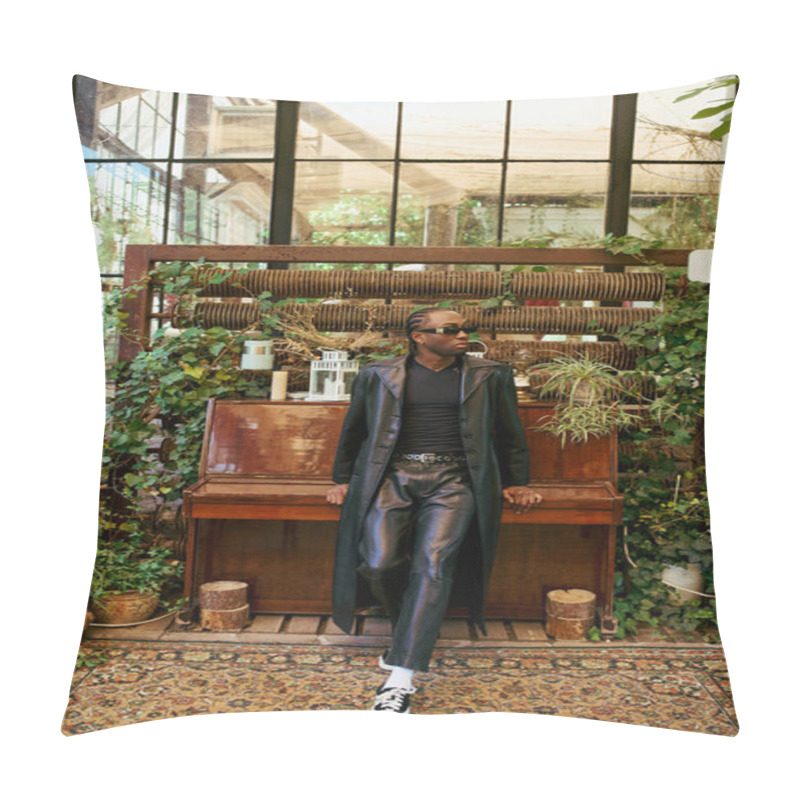 Personality  A Dapper African American Man, Sitting On A Bench In Front Of A Piano In A Vibrant Garden. Pillow Covers