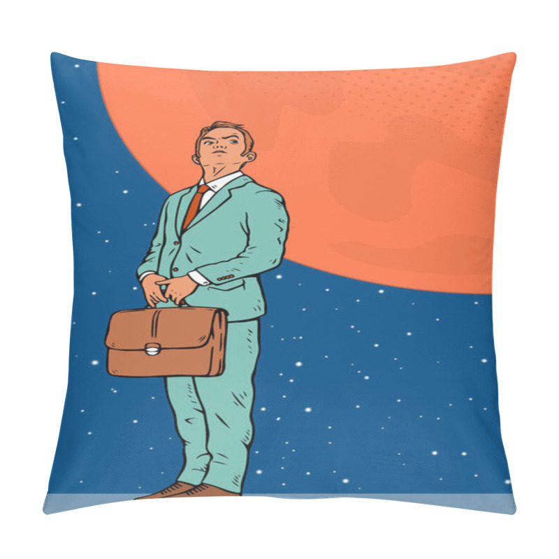 Personality  A Businessman With A Briefcase Dreams Of Flying To The Planet Mars. Career, Business Promotion And Space Exploration. Vector Cartoon Pop Art Illustration Poster Pillow Covers