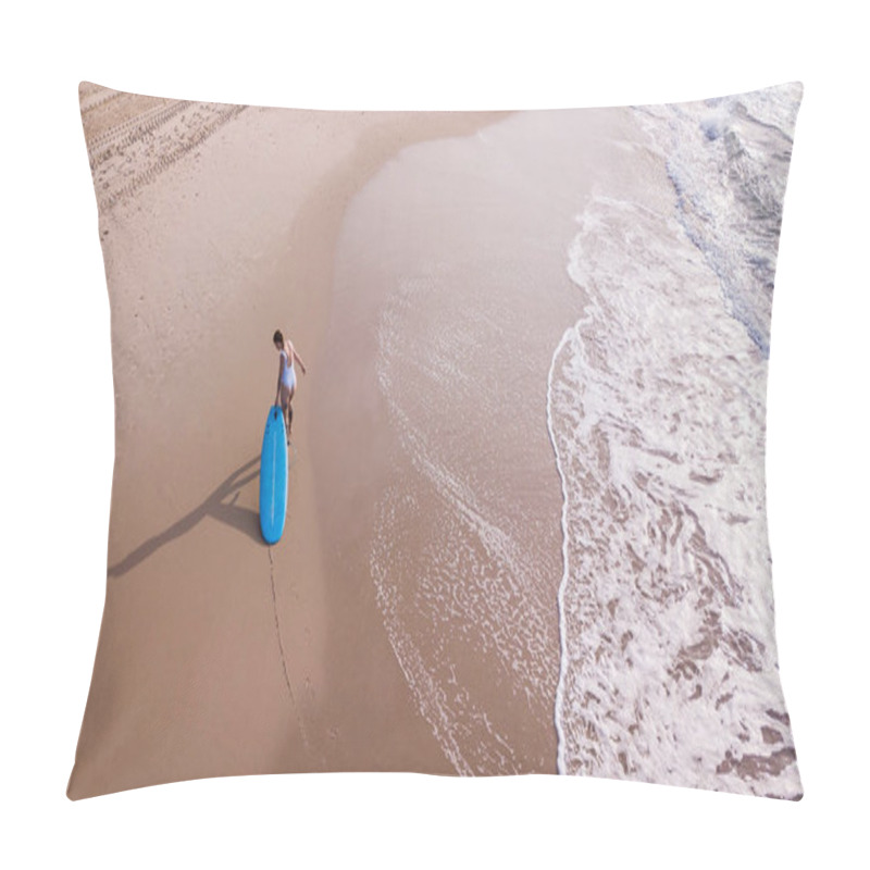 Personality  Aerial View Of Woman In White Swimsuit Pulling Surfboard On Sandy Beach, Ashdod, Israel Pillow Covers