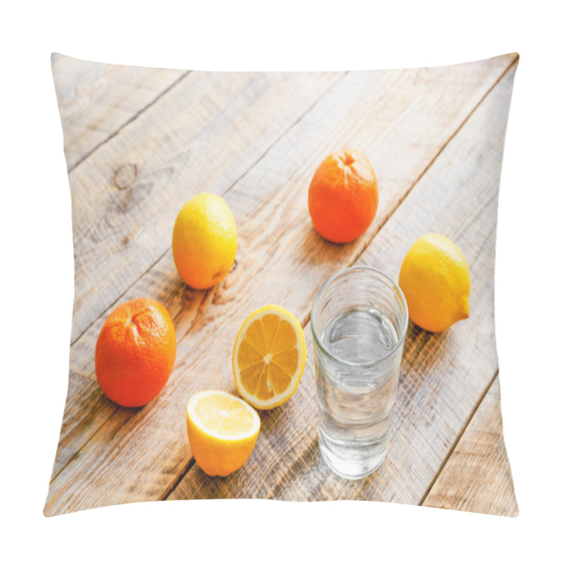 Personality  Composition Of Lemons, Oranges And Glass With Water  Wooden Table Pillow Covers