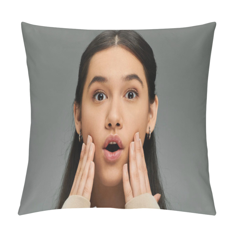 Personality  An Emotional Young Woman Touches Her Face With Surprise, Showcasing Her Stylish Outfit. Pillow Covers