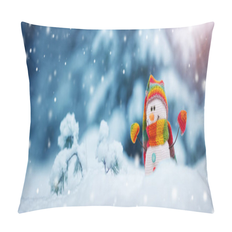 Personality  Little Snowman On Soft Snow On Blue Background Pillow Covers